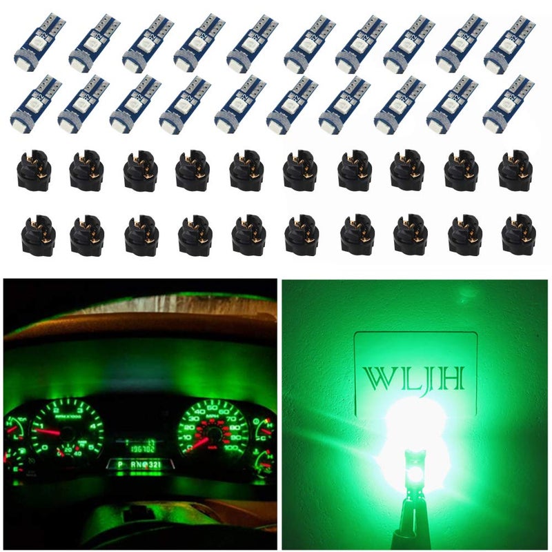 WLJH 74 Led Bulb Dash Lights Super Bright T5 2721 37 86 286 Wedge PC74 Twist Socket Automotive Instrument Panel Gauge Light Kits Cluster Shift Indicator Interior Bulbs Green Pack of 20 - Image 1